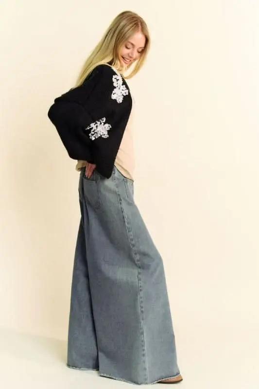 Davi & Dani Floral Applique Open Front Dropped Shoulder Cardigan - Love Salve